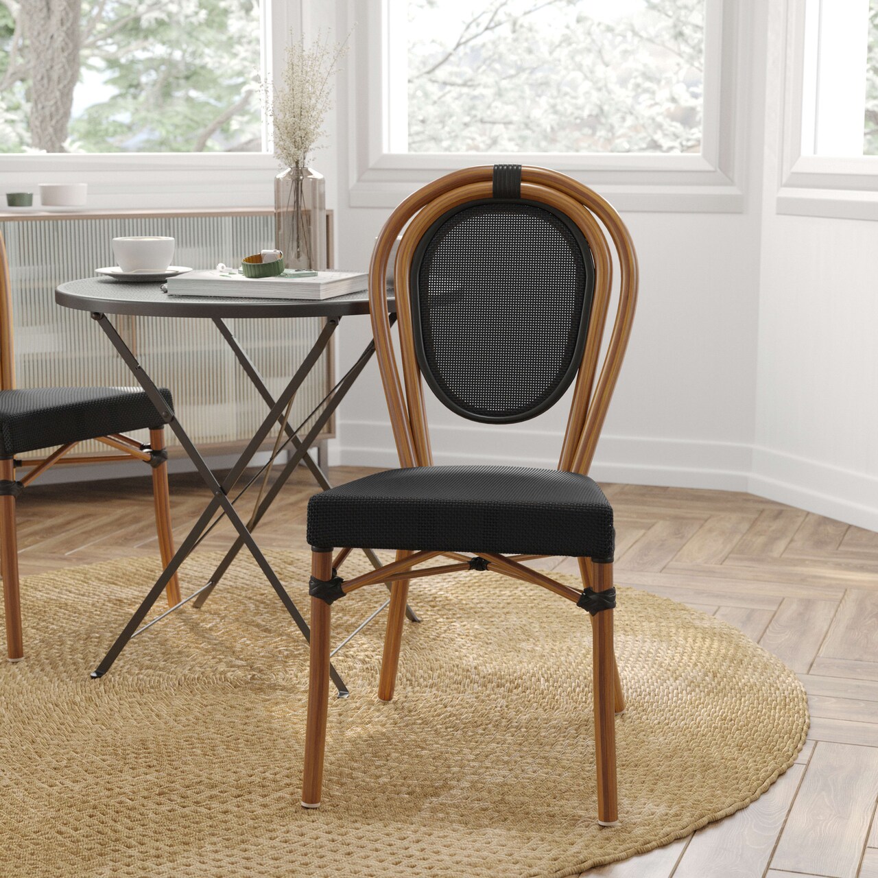 Merrick Lane Mael Stacking Thonet Bistro Style Chair with Textilene Seat and Bamboo Finished Metal Frame for Indoor/Outdoor Use